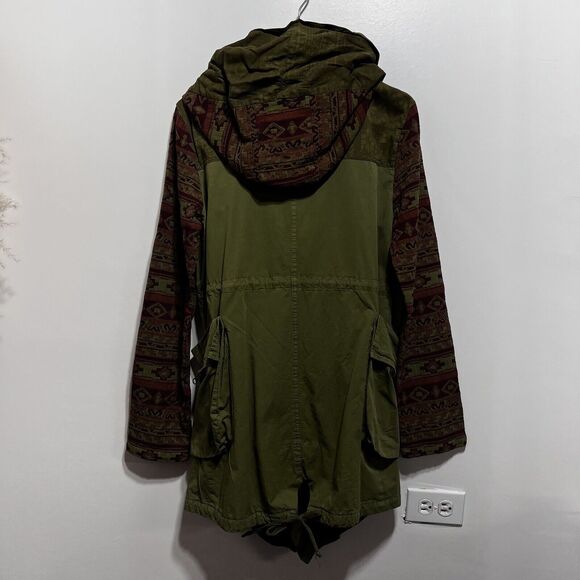 Free People Mixed Media Tapestry Hooded Parka Jacket Size S in Army Green - Picture 4 of 14